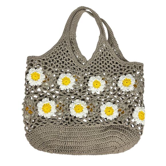 Summer Casual Woven Floral Daisy Brown Crochet Top Handle Beach Bag - Picture 2 of 4